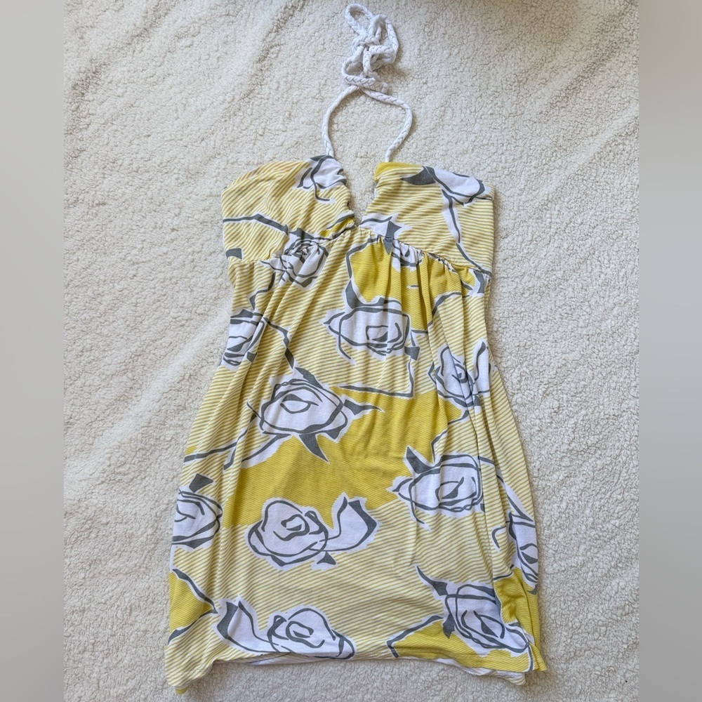 Y2K Vintage Lost Yellow Floral Halter Sundress with White Tie - Picture 5 of 9